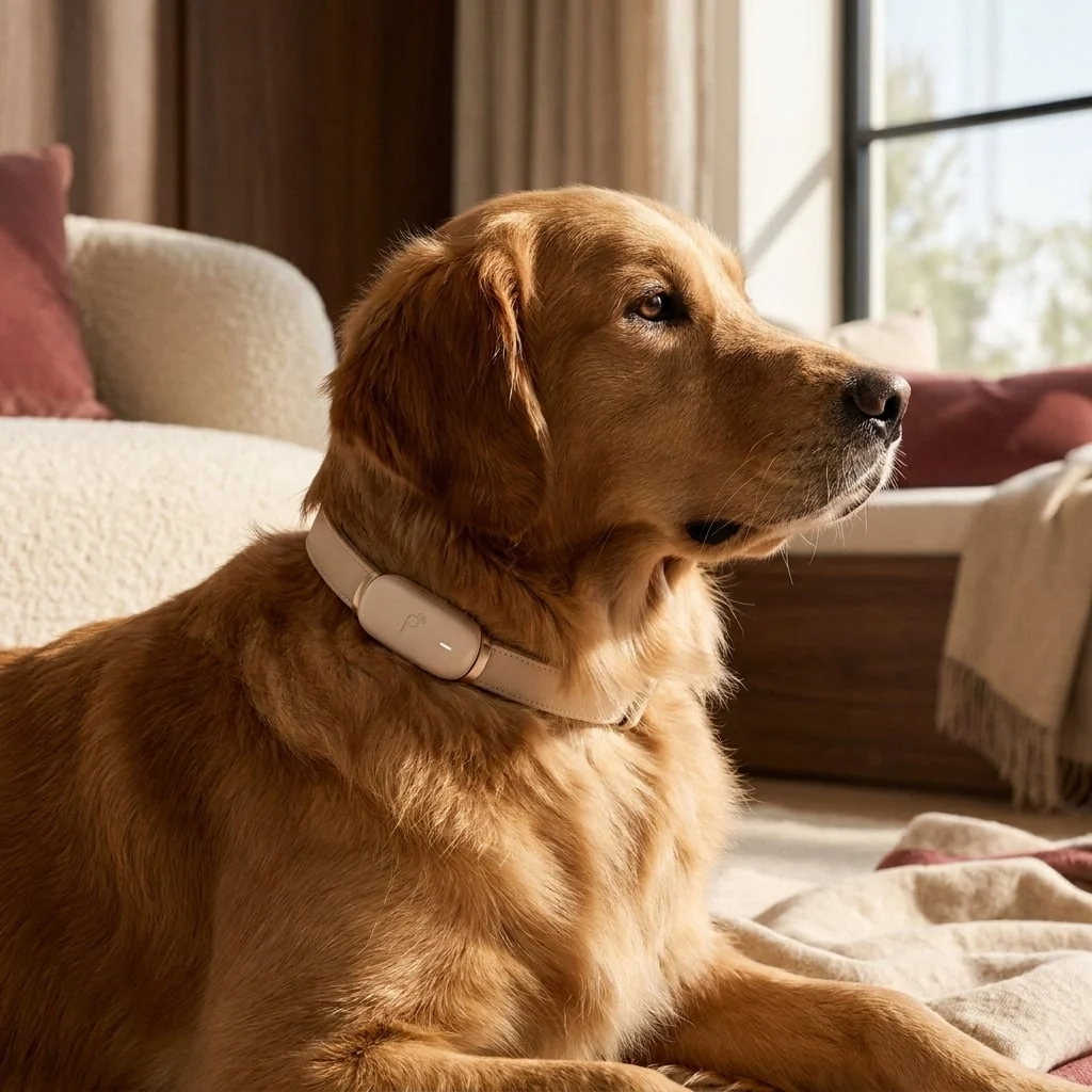 A golden retriever wearing Pawlink, resting beside a window at home