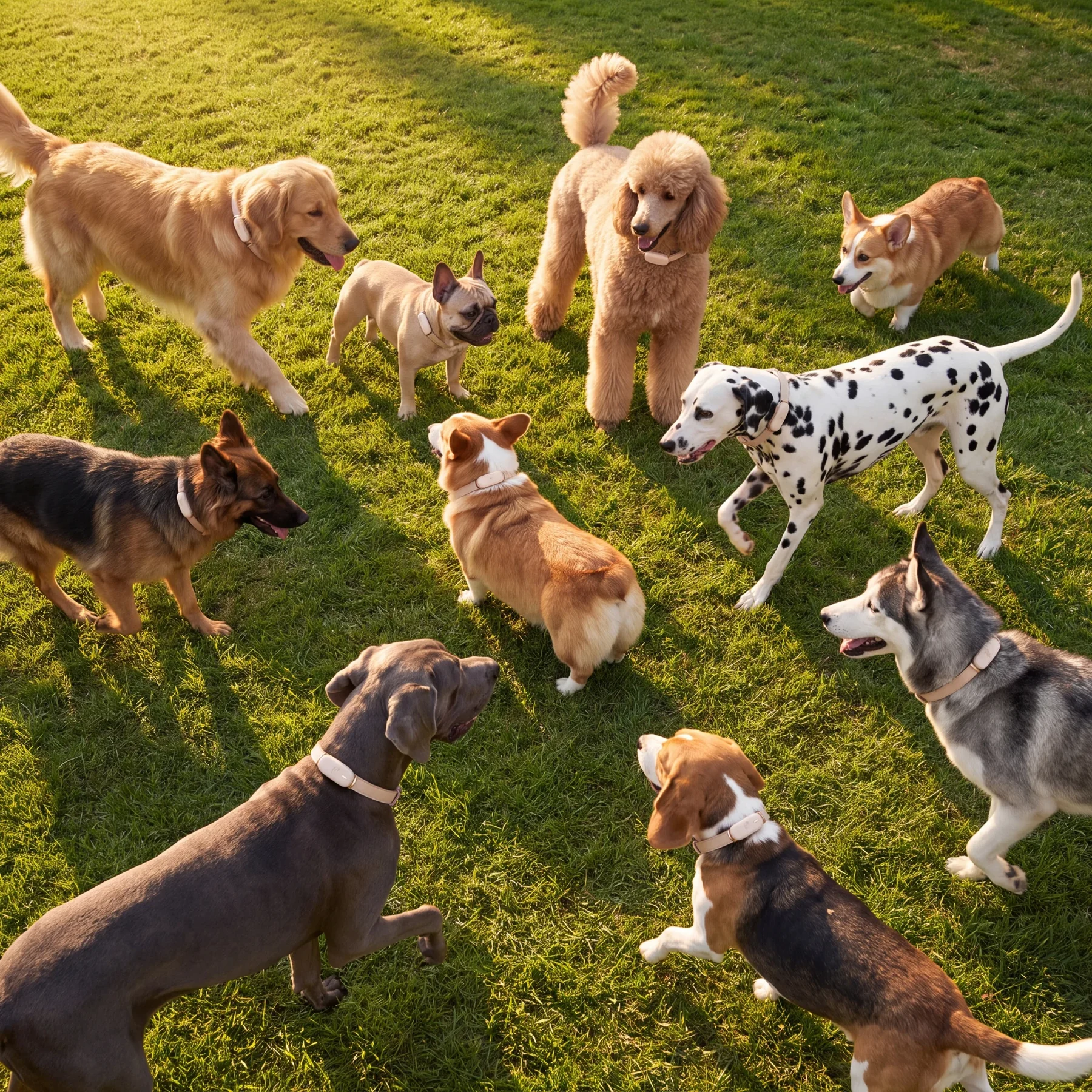 Dogs exploring a sunlit field in their Pawlink collars