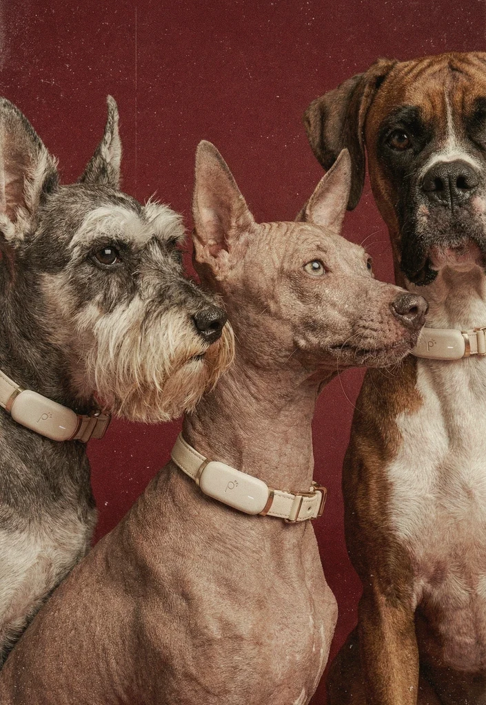 Three distinctive dogs wearing PawLink collars against a burgundy backdrop