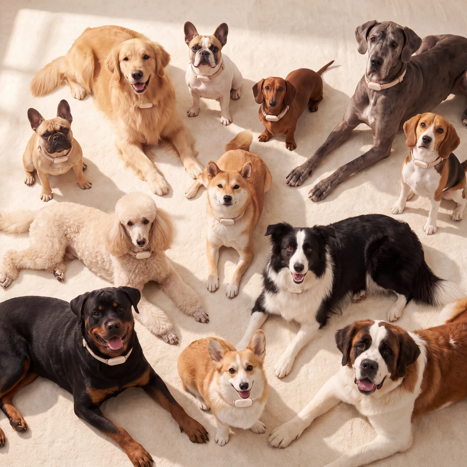 The PawLink pack gathered together in warm afternoon light