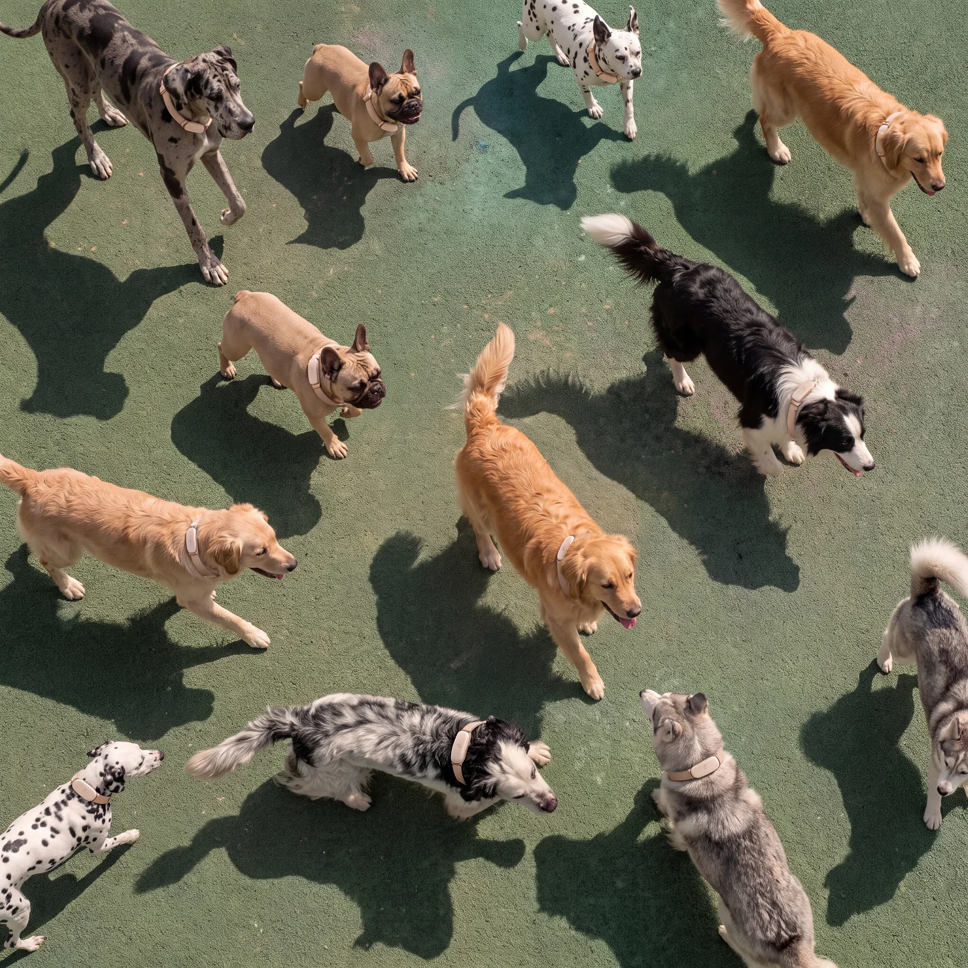 A diverse group of dogs playing together in the sunlight
